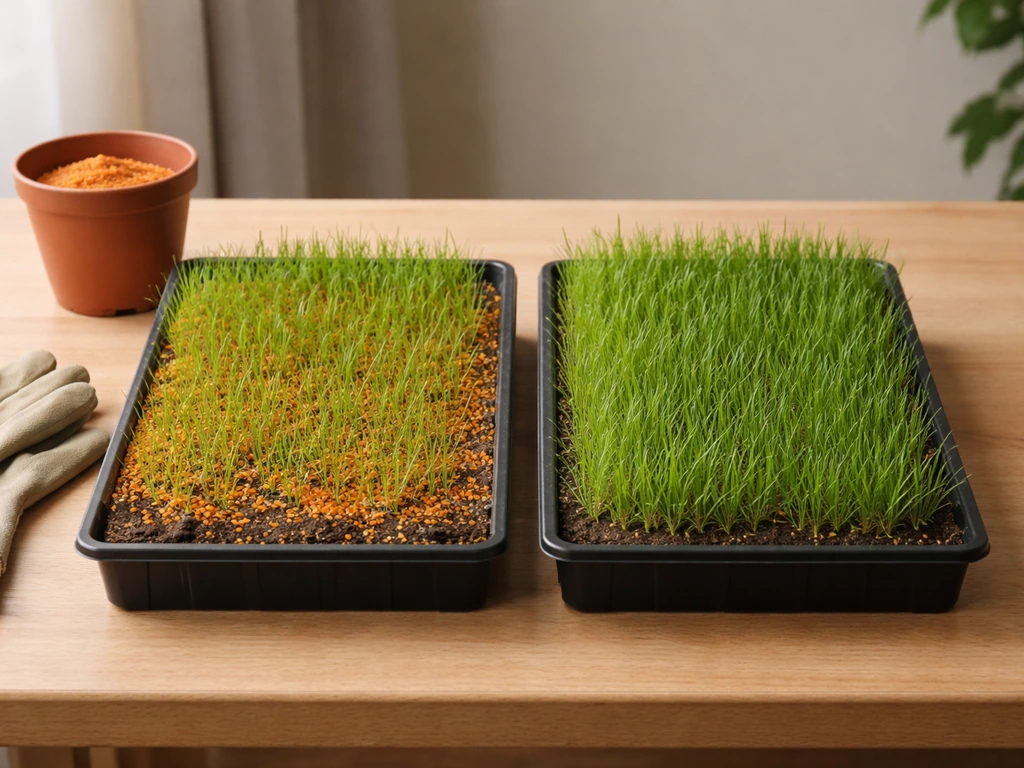 Deux bacs de gazon comparés “avant/après”, poudre orange moins visible sur la zone traitée.