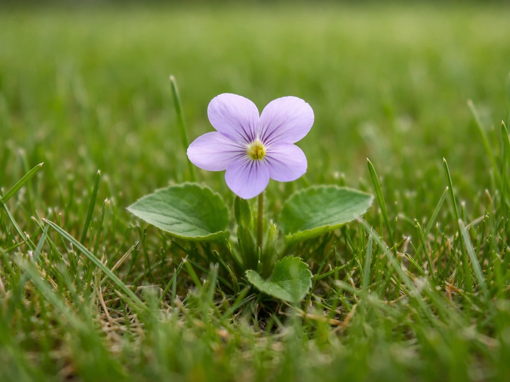 Gros plan d’une petite fleur mauve avec ses feuilles dans le gazon, vue de près et nette.