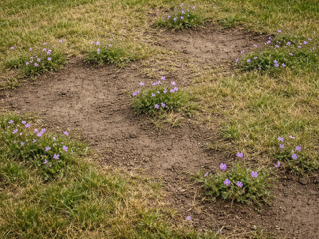 Gazon clairsemé avec zones dégarnies et petites fleurs mauves qui poussent entre la terre.