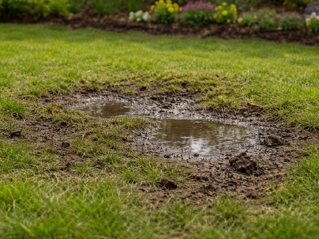 Pelouse et sol argileux compacté, zones sombres et humides, signe de mauvais drainage.
