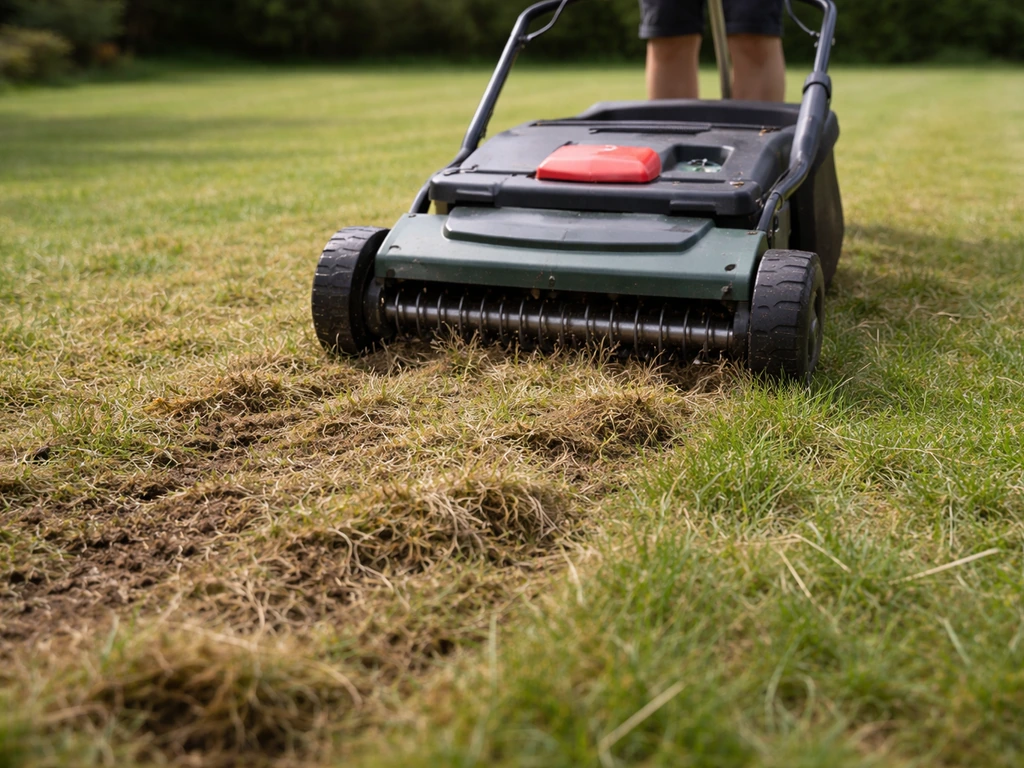 Scarificateur sur pelouse avec zones dégarnies, préparation avant semis du gazon.