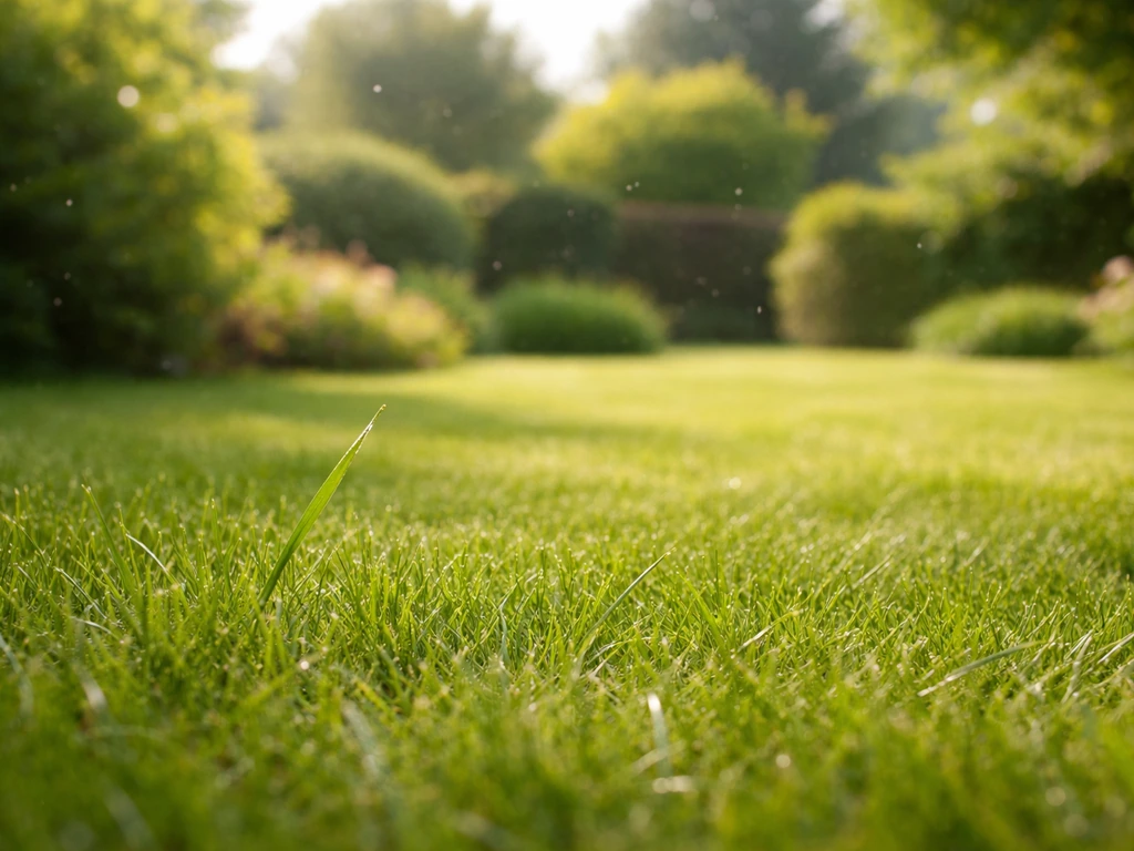 Brins d’herbe fraîchement tondus dans un jardin ensoleillé, avec léger voile évoquant les pollens de graminées.
