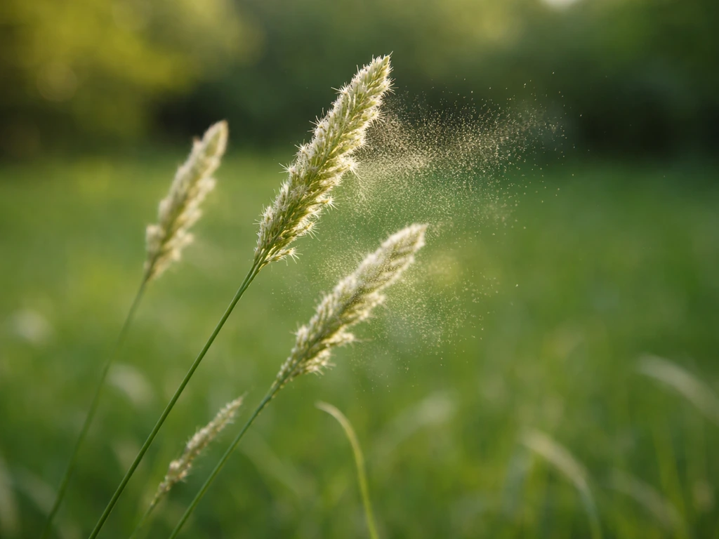 Gros plan de brins de graminées avec épis et pollen, évoquant l’allergie au gazon