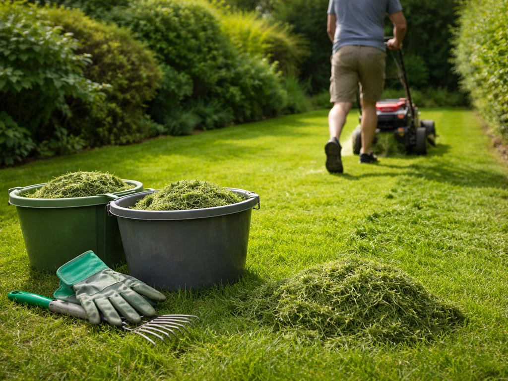 Tonte et ramassage d’herbe dans un jardin, tondeuse, seaux et gants visibles, pelouse fraîchement coupée.