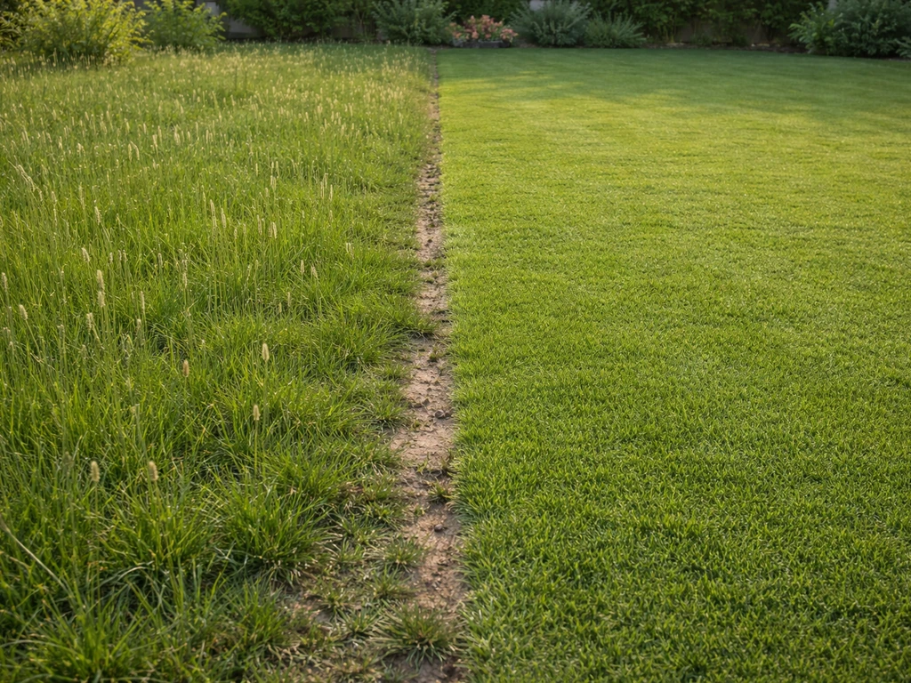 Deux zones contrastées de pelouse : une laissée un peu haute et une autre tondue court, propre et dense.