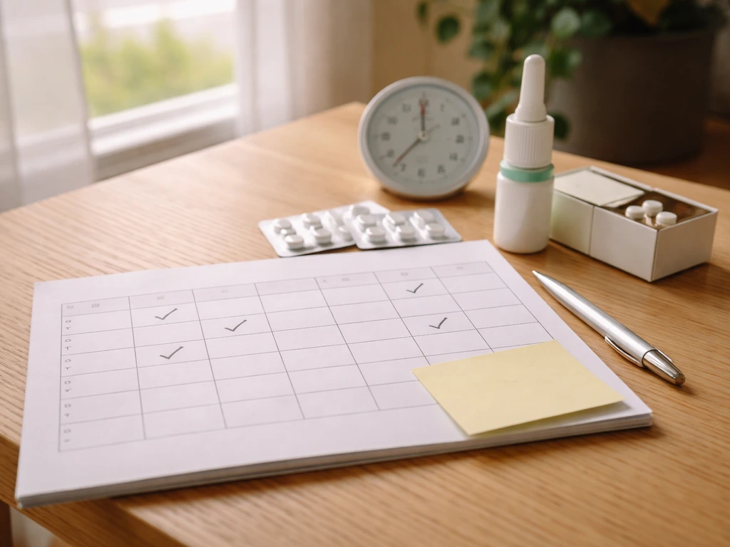 Table avec calendrier vierge sur 4 semaines, coche de jours, boîte d’antihistaminique et spray à côté d’un hygromètre.