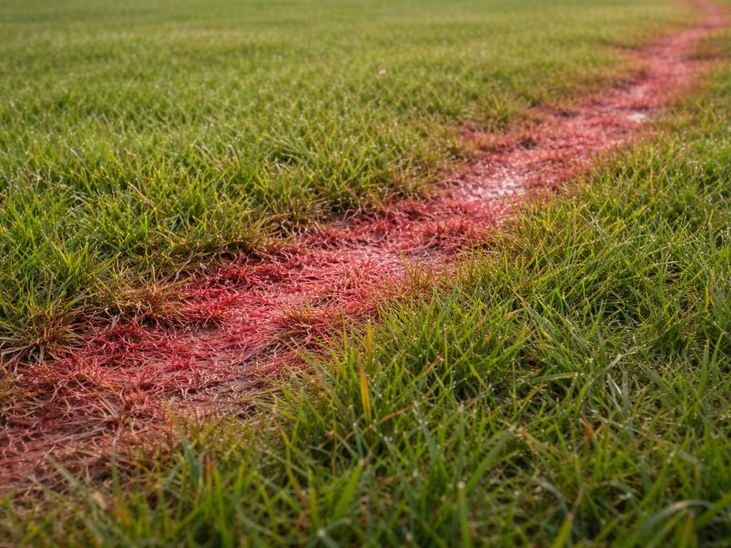 Gazon vert avec une traînée rouge rosée et une bordure nette, vue rapprochée et texture visible.