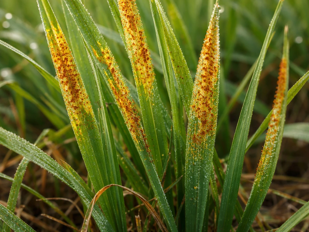 Gros plan sur l’herbe roussie par la rouille, jaune-roux à brun, avec progression visible.