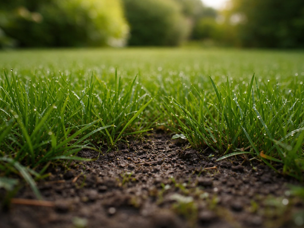 Gazon vert au petit matin, sol légèrement humide et brins secs en surface après arrosage profond.