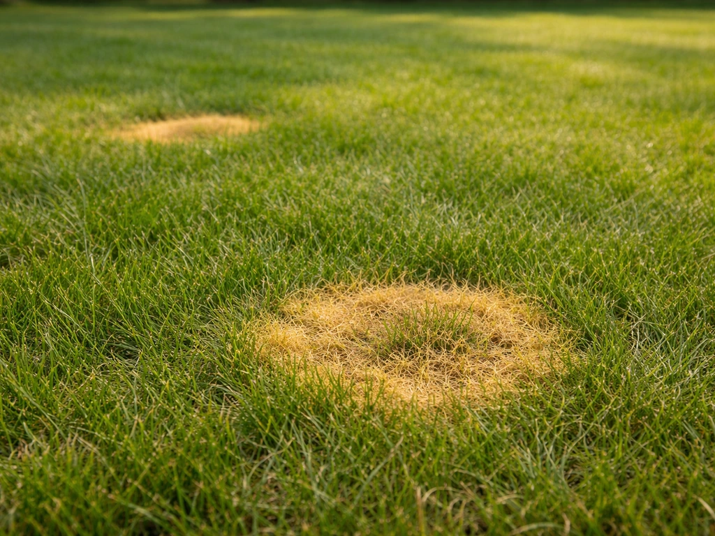 Taches circulaires sur gazon, centre jaune-brun desséché et anneau vert léger autour, dues à l’urine.