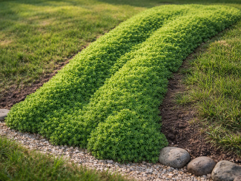 Cascade de sedum vert sur une pente, ruban de végétal dense et durable, rendu propre et frais.