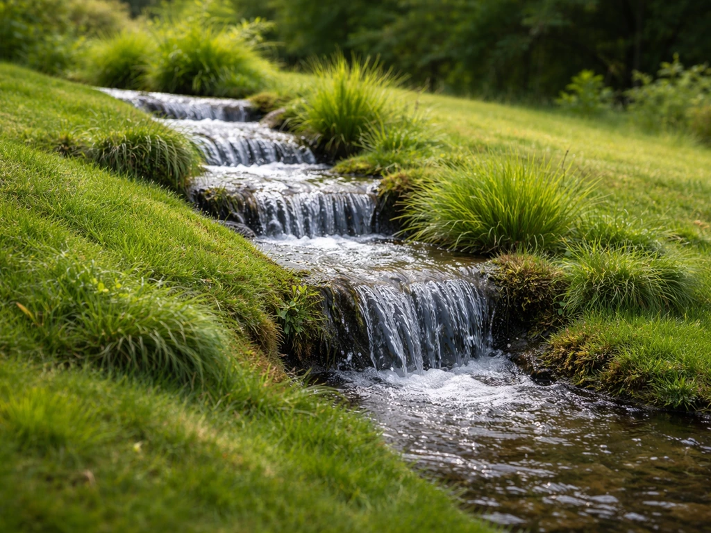 Cascade d’eau végétalisée sur une pente, avec ruissellement et herbe verte en cascade.