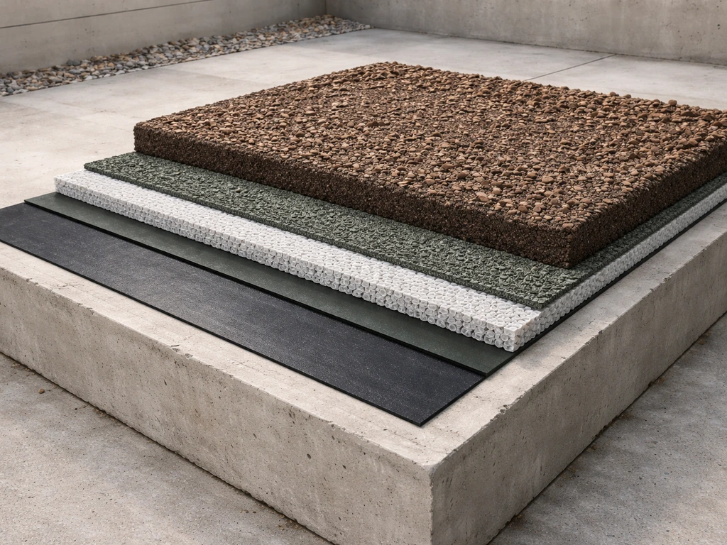 Détail photo réaliste de couches de toiture-terrasse sur une dalle : étanchéité, membrane anti-racines, substrat et feut