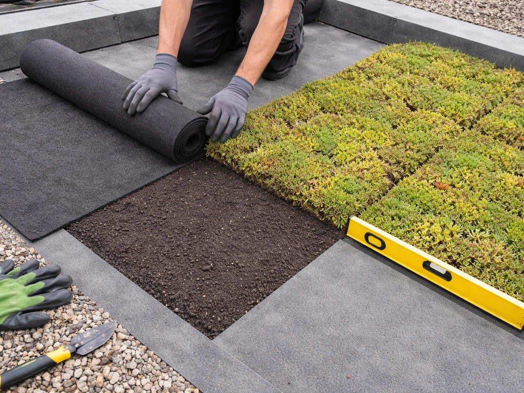 Mains anonymes posant et fixant un feutre puis des tapis de sedum sur une toiture, niveau à bulle visible.