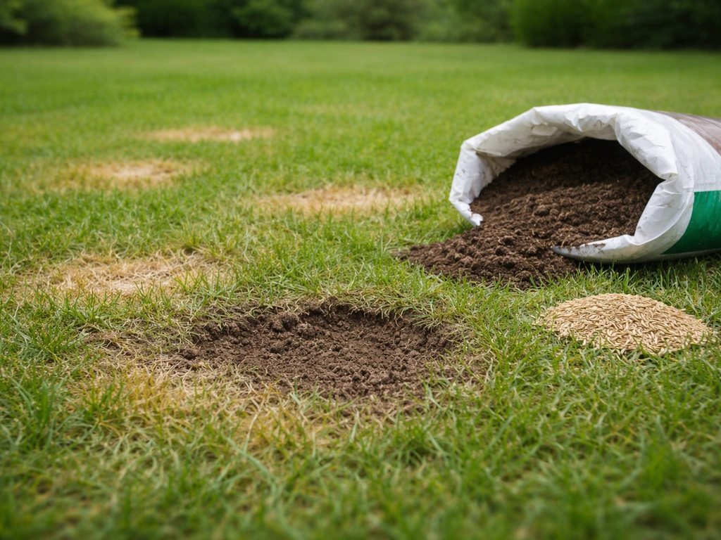 Pelouse jaunie et brunie avec terreau ouvert et semences pour un regarnissage, jardin simple en lumière naturelle.