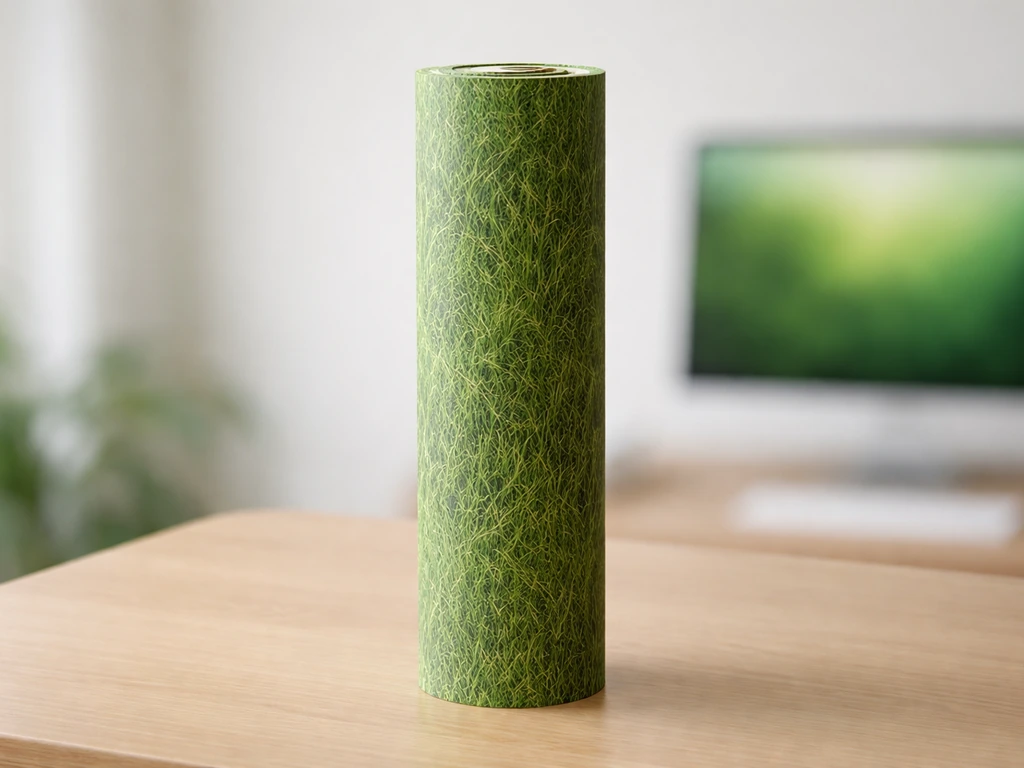 Rouleau de papier peint effet gazon sur une table, avec un écran flou en arrière-plan évoquant “fond d’écran”.
