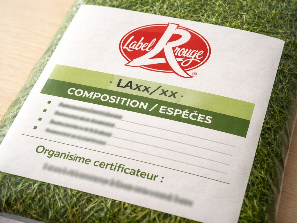 Gros plan d’une étiquette de sac de gazon avec mentions de certification et homologation, sur table claire.