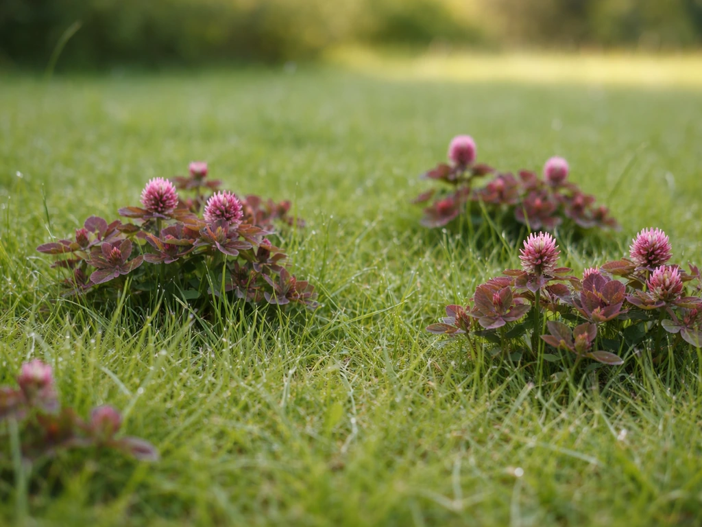 Pelouse de jardin avec touffes de trefle rouge bien visibles au milieu des graminées.