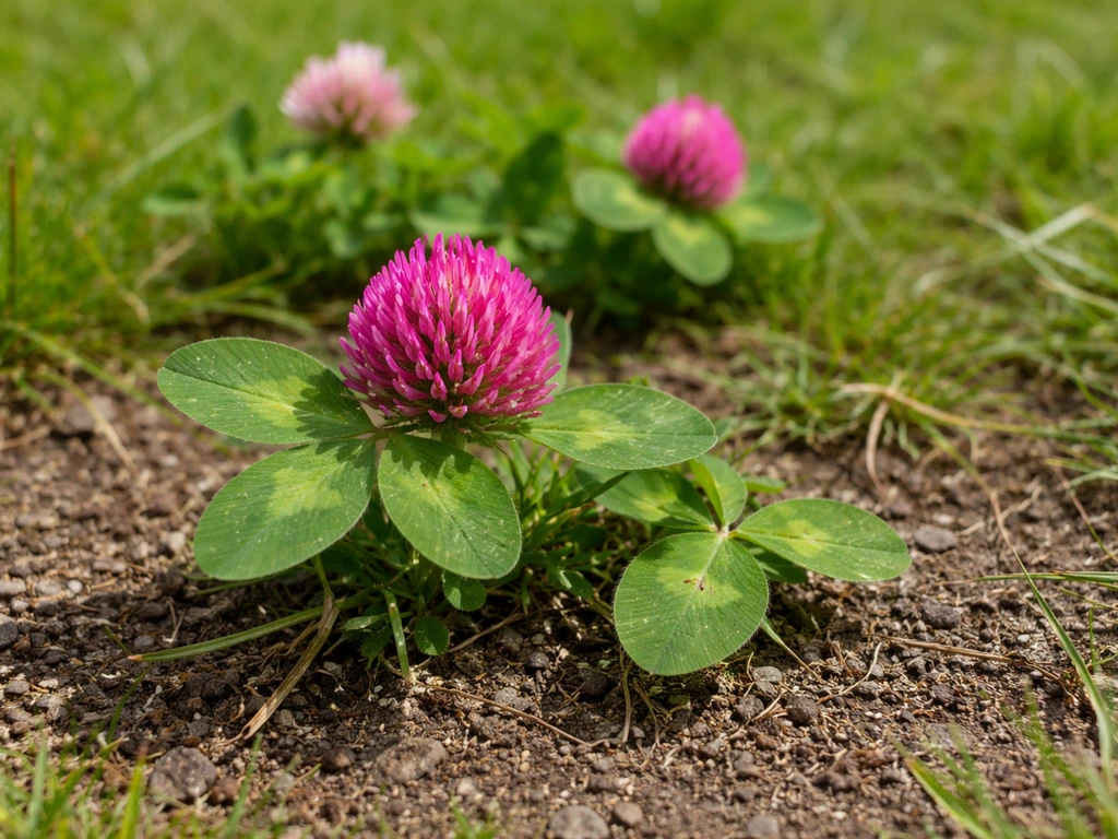Gros plan sur des feuilles trifoliées de trèfle rouge dans l’herbe, pour aider à le distinguer d’autres plantes.