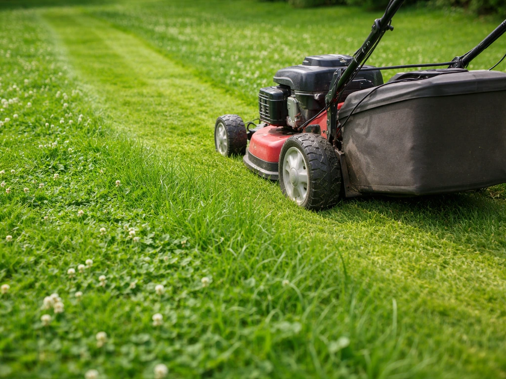 Tondeuse réglée haut dans une pelouse avec trèfle, coupe plus haute et herbe plus longue.