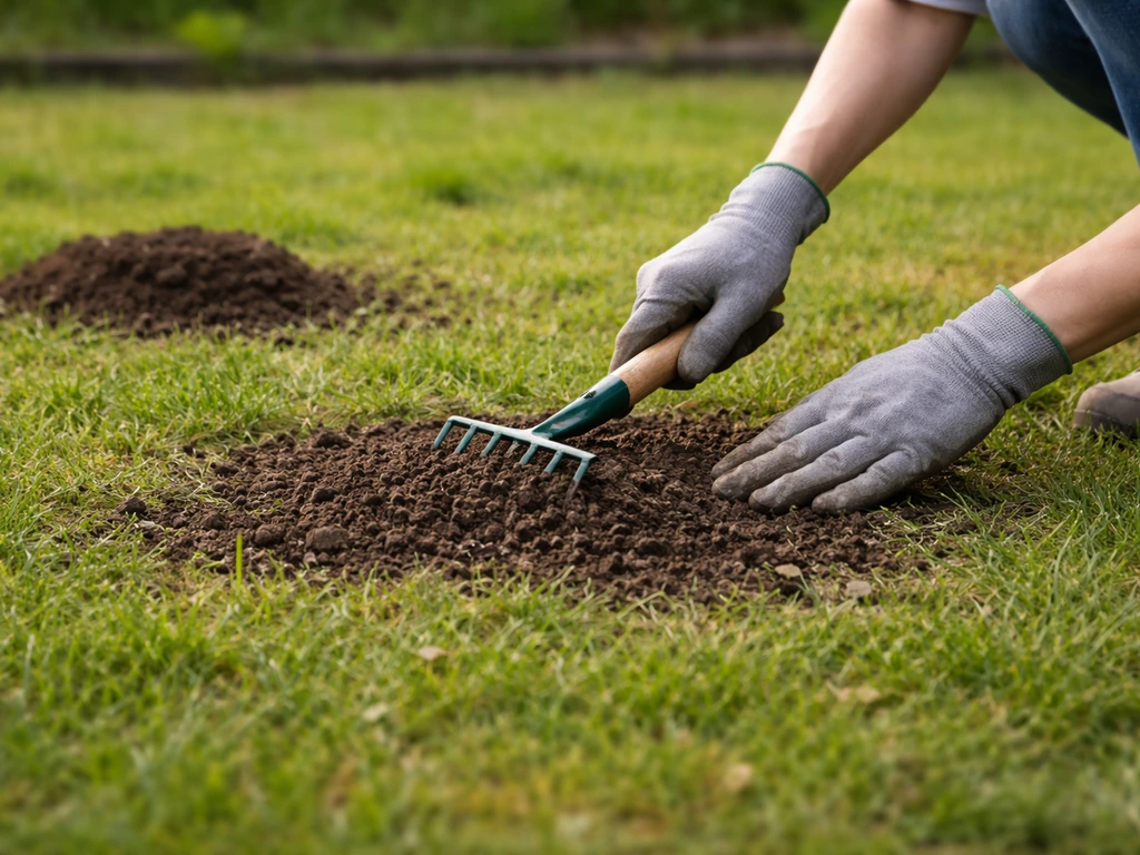 Une personne aplatie des taupinières et étale la terre sur une pelouse, action immédiate au jardin.