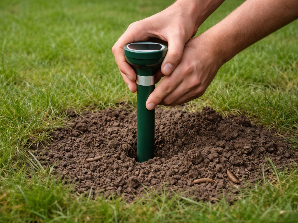 Piquet répulsif vibrant planté dans le sol, avec pelouse fraîchement remuée en arrière-plan, jardin calme.
