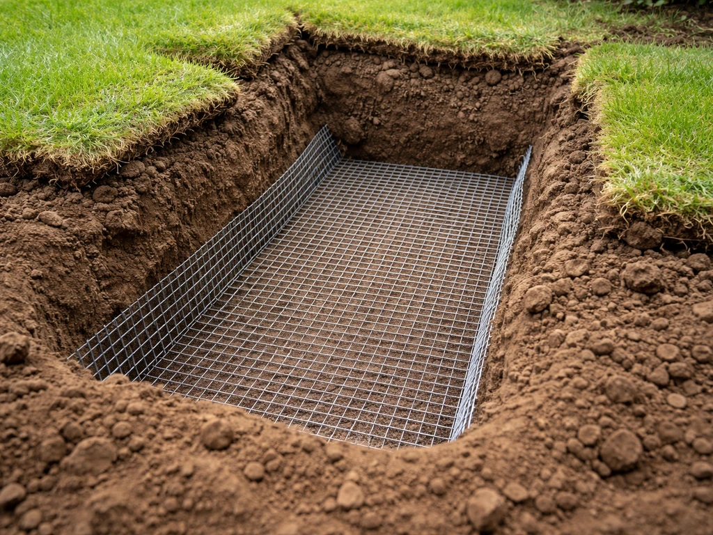 Grille anti-taupes enterrée dans une tranchée de sol, montrant la barrière physique à long terme.