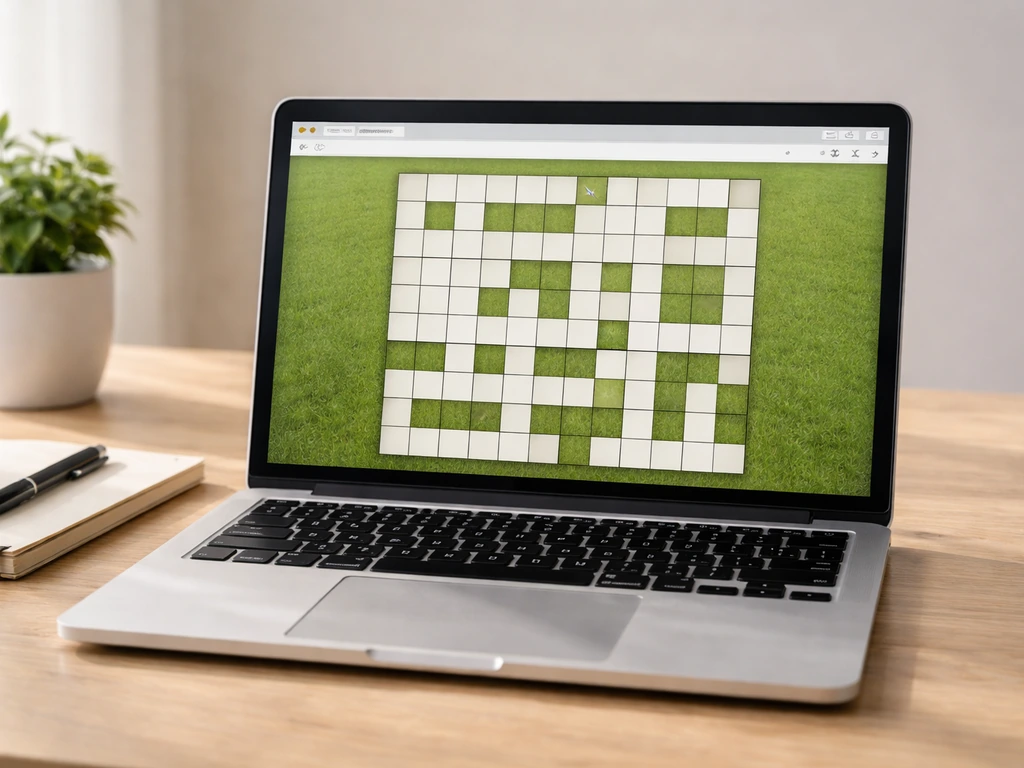 Ordinateur portable montrant une grille de mots fléchés en ligne au thème gazon, prête à jouer.