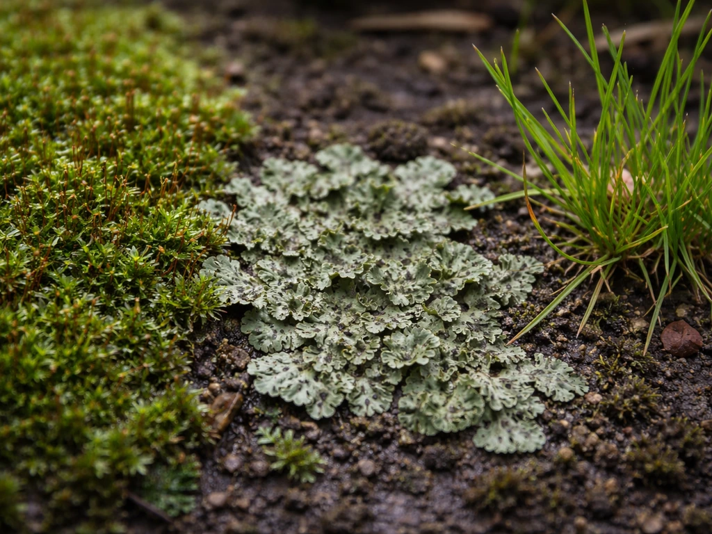 Comparaison en gros plan : mousse verte, lichen beige et mauvaises herbes, textures et silhouettes distinctes.