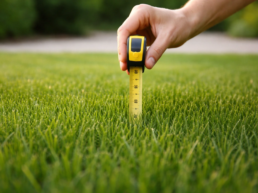 Pelouse tondu avec hauteur de coupe régulière, mains tenant un petit mètre, arrière-plan jardin simple