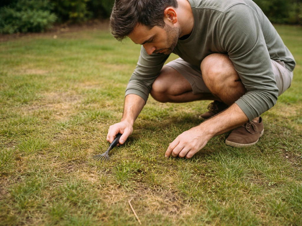 Un propriétaire accroupi inspecte une pelouse avec zones jaunies/brunes et brins clairsemés, mousse visible.
