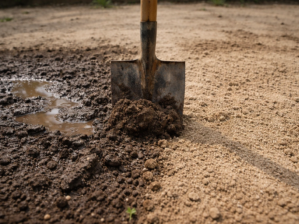 Bêche et motte de terre près d’un sol argileux en flaques et d’un sol plus sableux qui draine vite.