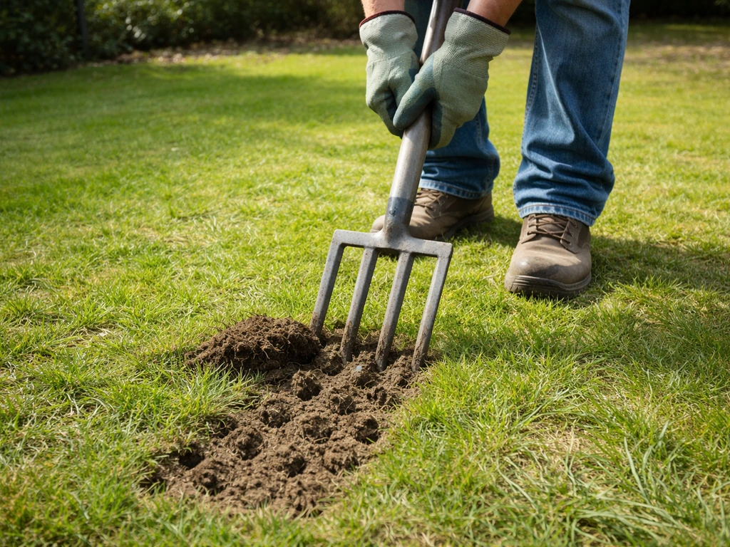 Fourche-bêche enfoncée dans une pelouse compacte, trous d’aération et motte soulevée visibles.