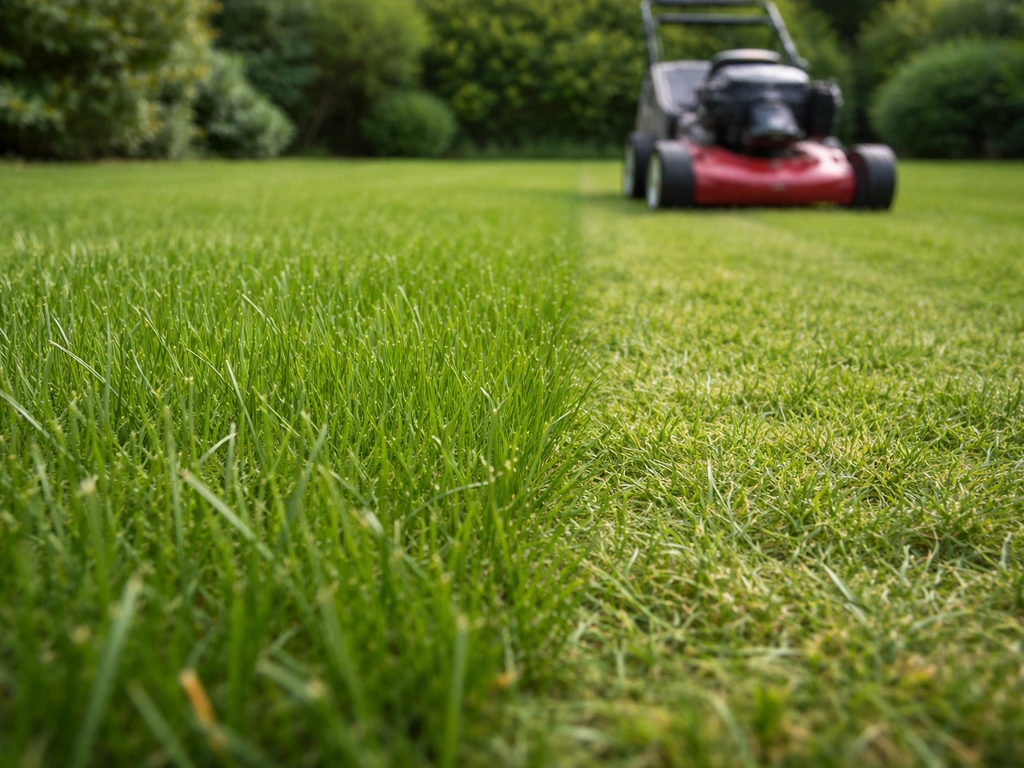 Tondeuse réglée haut sur une pelouse, herbe coupée net et zone légèrement trop courte à côté.