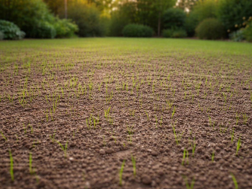 Gazon fraîchement semé et nivelé, sol préparé et jeunes brins verts, ambiance jardin réaliste