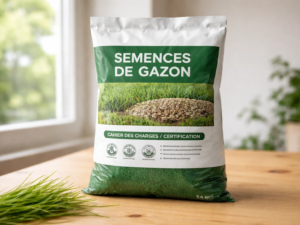 Gros plan sur un sac de semences de gazon avec mentions de certification et cahier des charges, ambiance naturelle.