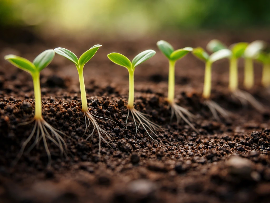 Macro de jeunes pousses uniformes dans un sol humide, germination homogène et enracinement superficiel.