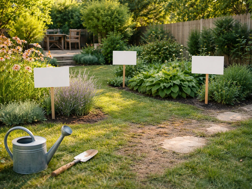 Petit jardin avec trois zones (soleil, ombre, passage) et panneaux d’affichage vierges, photo réaliste.