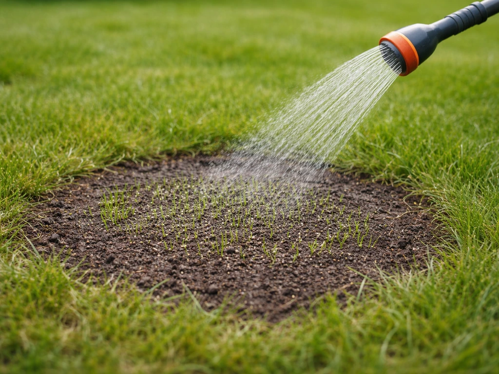 Petit semis de gazon fraîchement regarni, arrosage au jet fin sur une zone réparée dans un jardin
