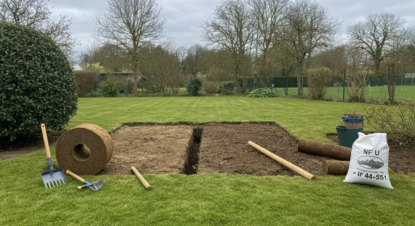 Pelouse de jardin française avec zone réparée, outils et sac de terreau NF U 44-551.