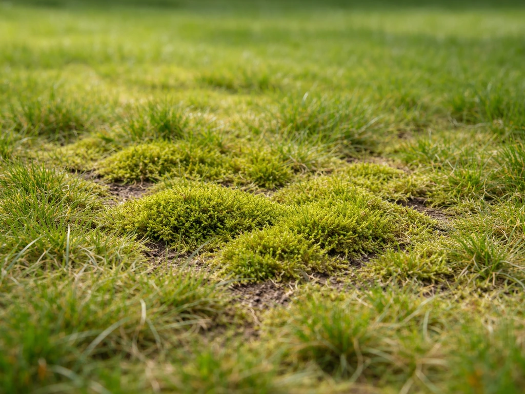 Gazon de printemps avec plaques de mousse entre les brins d’herbe et léger jaunissement.