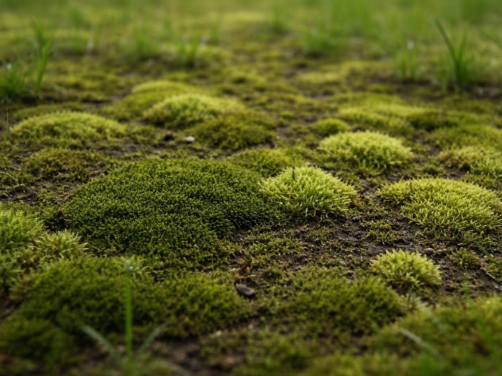 Gros plan de mousse de gazon au printemps : tapis feutré, petites touffes et zones jaunâtres.