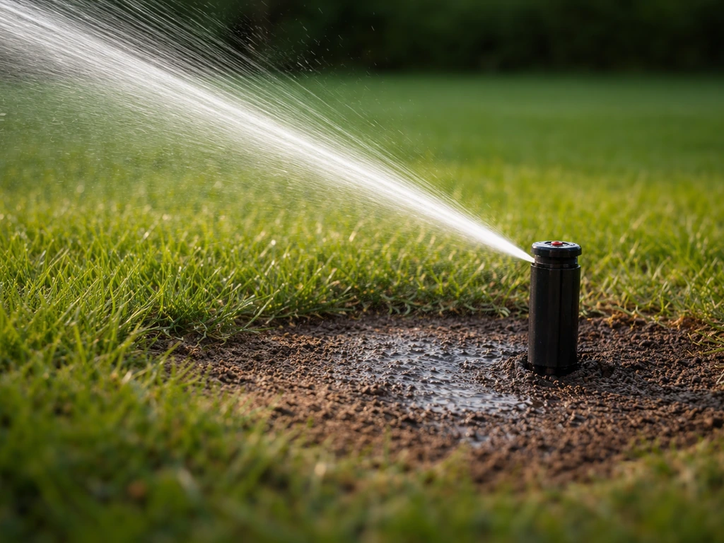 Arroseur de jardin en fonctionnement, sol qui s’imbibe légèrement sous le jet d’eau.