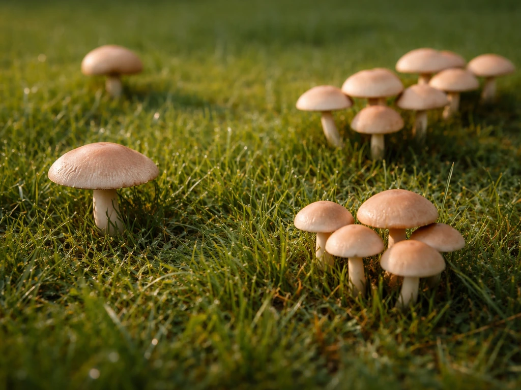 Gros plan de plusieurs petits champignons sur une pelouse verte, chapeaux isolés et en touffes.