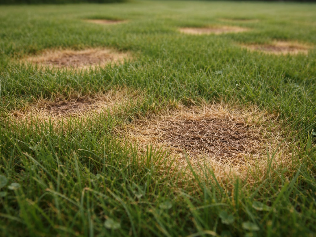 Gazon avec zones circulaires jaunies et brunies, typiques de taches brunes après chaleur et humidité.