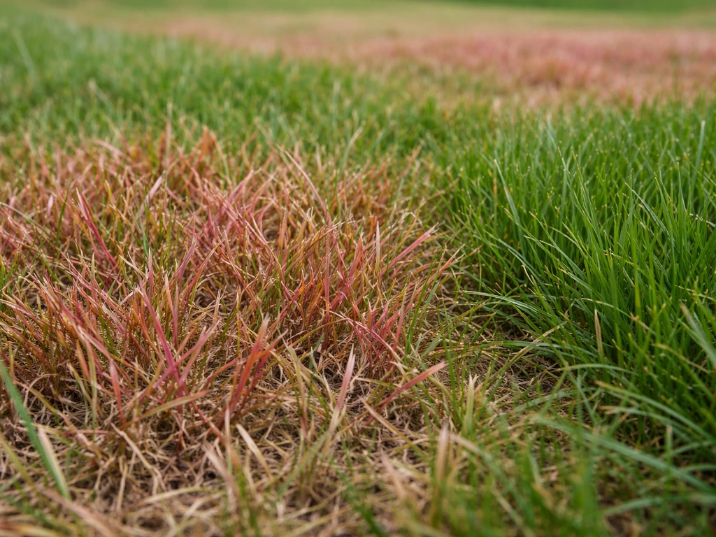 Gros plan de brins de gazon, une zone rosée/rouge-brun contrastant avec du gazon vert sain en arrière-plan flou.