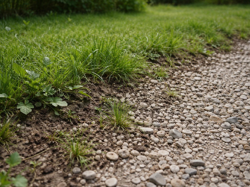 Pelouse débordante et gravier envahi par la terre, montrant un mauvais mélange sans séparation