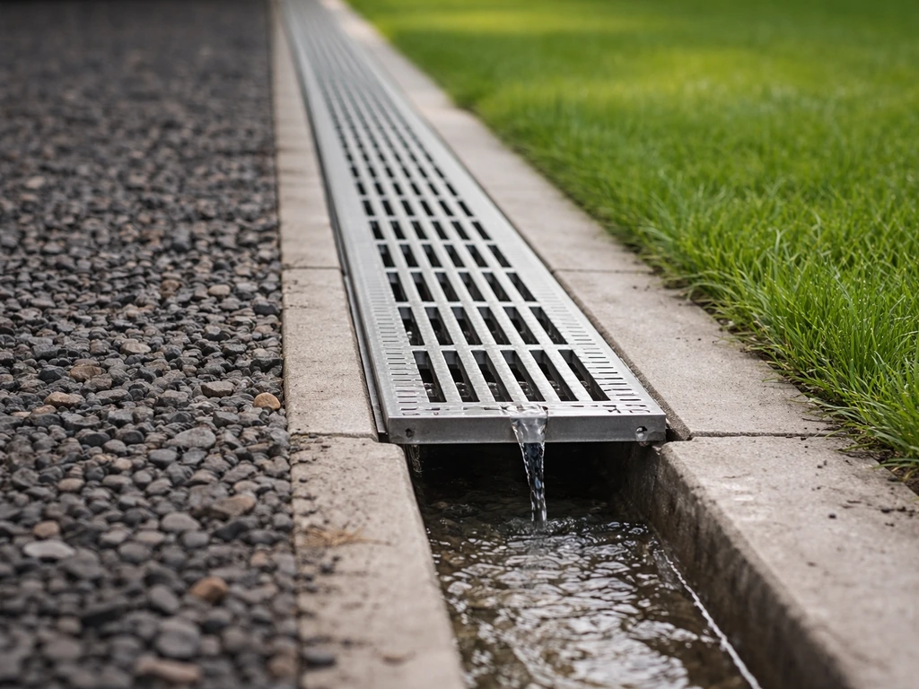 Caniveau de récupération des eaux entre gravier et pelouse, avec grille et écoulement discret