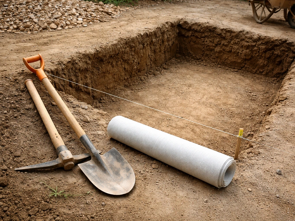 Tranchée de chantier avec outils (pelle, pioche), géotextile et repère de mesure, sans texte.