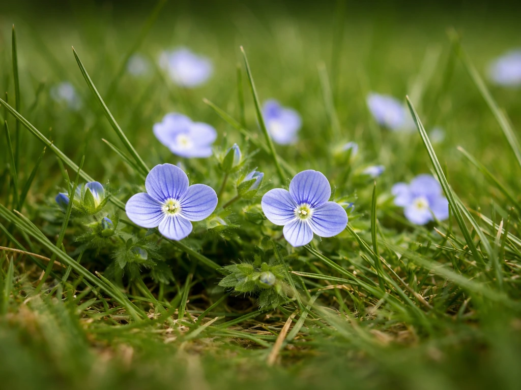 Véronique dans le gazon au ras du sol : feuilles et petites fleurs visibles, avant-arrière-plan net.